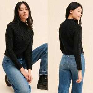 Free People Reina Cable Knit Pullover in Black Size XS NWT $148